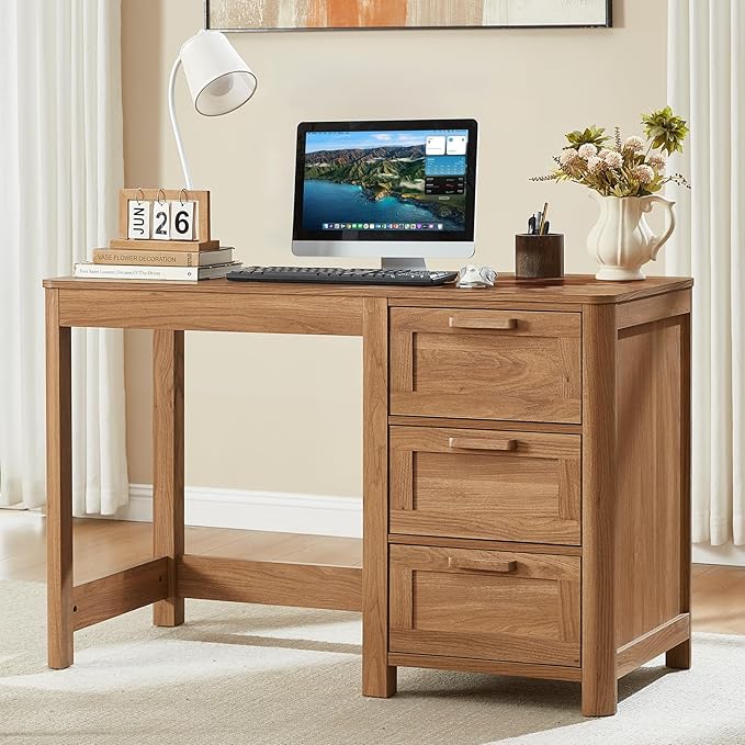 Office Desk 48 with 3 Drawers Storage File Cabinet Wood Farmhouse Desk for Computer Office Bedroom Home Furniture Brown