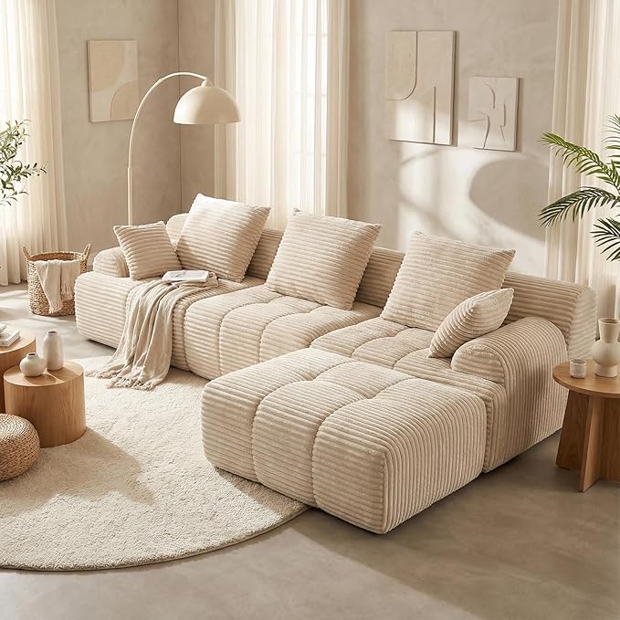 Corduroy L-Shaped Compressed Boneless Sectional Sofa with Ottoman - Retro Soft Upholstered Modular Couch for Living Room &amp Small Apartment Cloud-Like Contouring Seating (Beige)