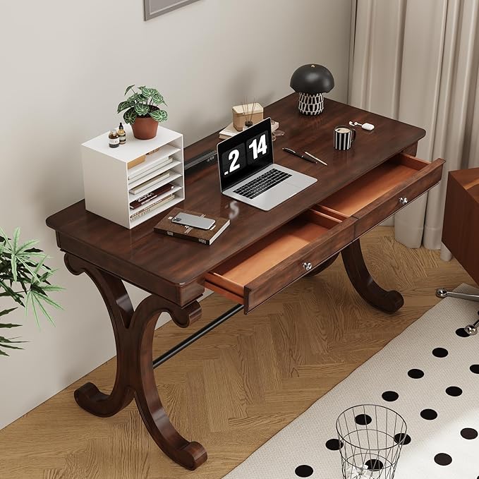 LEEMTORIG Traditional Solid Wood Writing Desk Large Secretary Desk with 2 Drawers Mahogany Cherry Wood Writing Table for Home Office 47.2 W French Provincial Desks Cherry Walnut SSZ-D0036-DCR