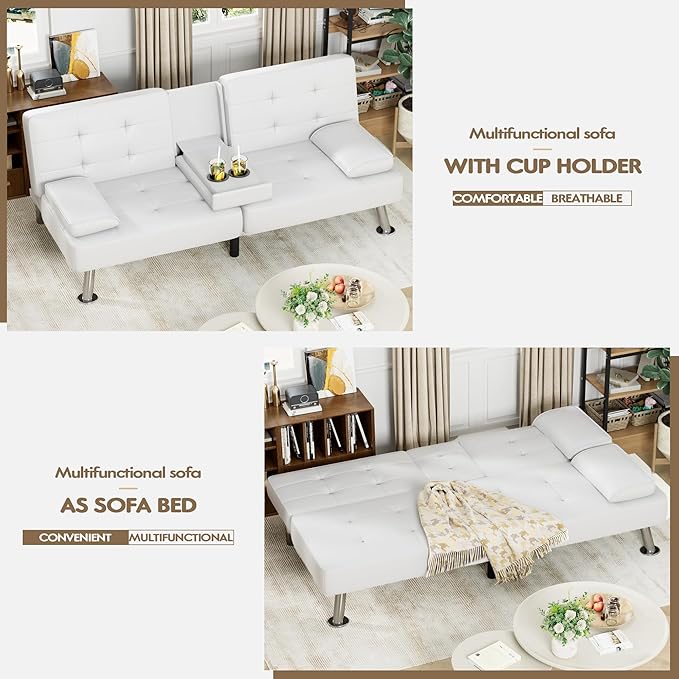 Homall Futon Sofa Bed Leather Futon Couch with Removable Armrests Adjustable Recliner Sleeper Sofa Bed with Dual Cup Holders for Living Room Apartment Office (White)