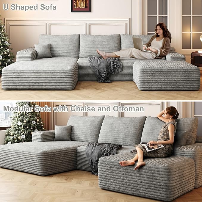 107.5 U Shaped Boneless Couch with Chaise ‌and Ottoman‌ Oversized Modular Sectional Sofa with Deep Seat Corduroy Cloud Couches for Living Room No Assembly Required Grey | Oversized Modular Deep