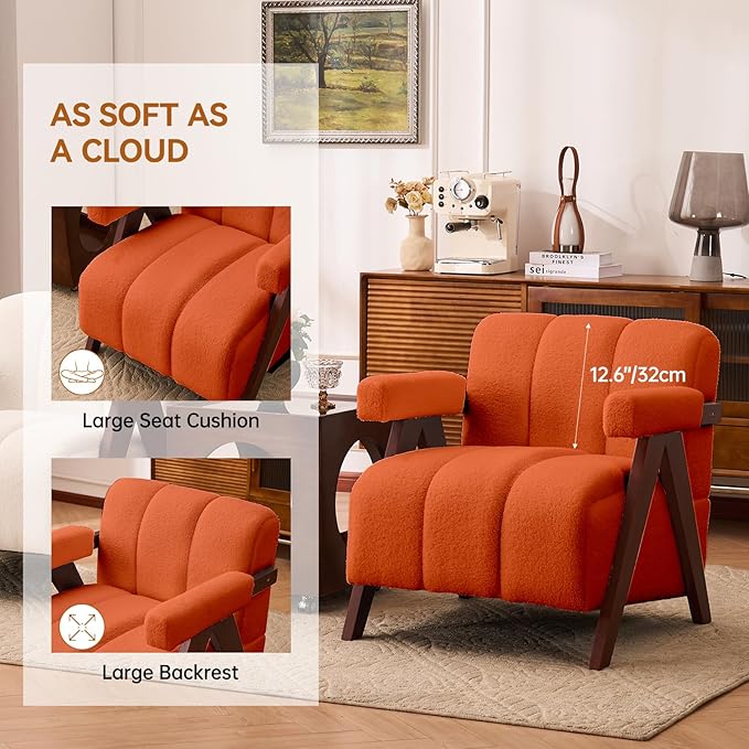 Accent Chair Mid-Century Modern with Wide Backrest for Bedroom Upholstered Living Room Chair with Wooden Lounge Armchair with Thick Cushion Cute Teddy Comfy Chair Orange