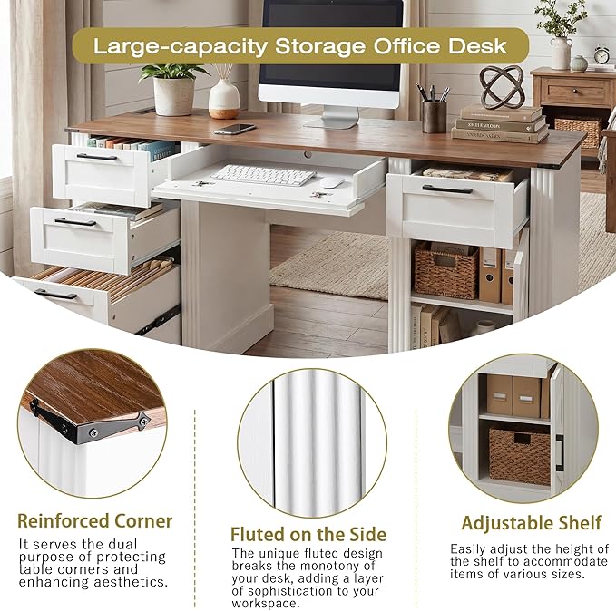 RiteSune 59.5 Farmhouse Computer Desk with USB Charging Station Fixed Monitor Stand with Drawers Keyboard Tray &amp File Cabinet Home Office Writing Desk with Large Storage