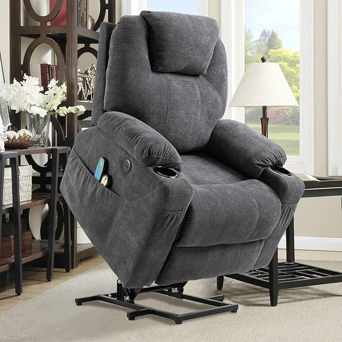 Power Lift Recliner Chair for Elderly Electric Massage Heated Recliner Chair Ergonomic Fabric Lift Chair with 2 Remote Controls USB Ports Cup Holders &amp Side Pockets for Living Room (Grey)