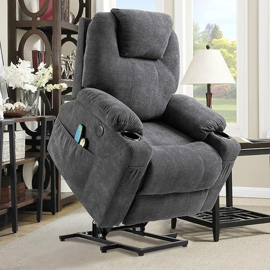 Power Lift Recliner Chair for Elderly Electric Massage Heated Recliner Chair Ergonomic Fabric Lift Chair with 2 Remote Controls USB Ports Cup Holders &amp Side Pockets for Living Room (Grey)