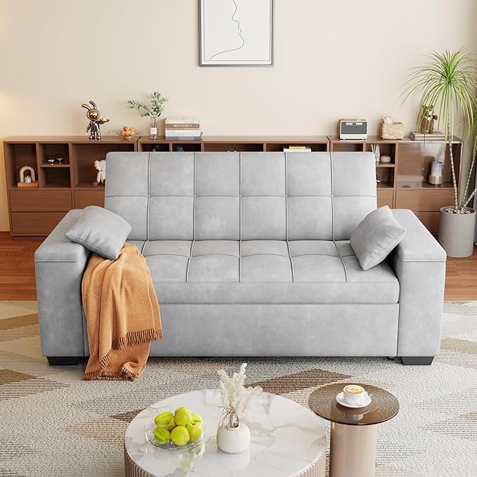 Gizoon Convertible Sofa Bed Futon Queen Size Sleeper Loveseat with Pull Out Couch 3 in 1 Velvet Fabric Futon Couch with Side Pockets Storage Armrest &amp Adjustable Backrest for Living RoomLight