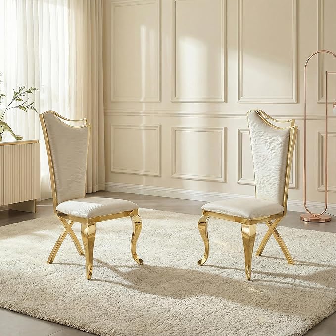 Luxrious Dining Chairs Set of 2 PU Leather Accent Chairs with Shiny Golden Stainless Steel Legs &amp Cushion SeatModern Kitchen Chairs White with High Back for Living Room Meeting Room Dining Room