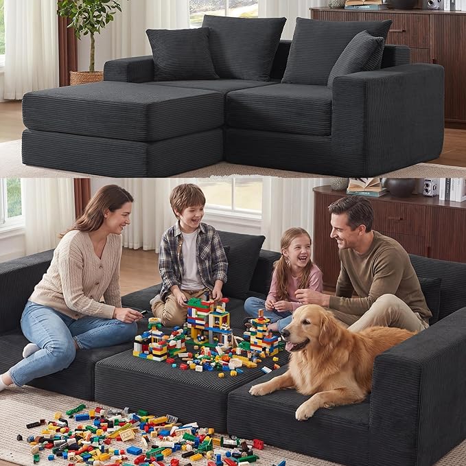 Modular Loveseat L Shaped SofaBoneless Cloud Couch with Ottoman (Deep Gray) | Freely Combination No Assemble Required Modular Design Breathable Fabric Convertible to Bed Futon Bed