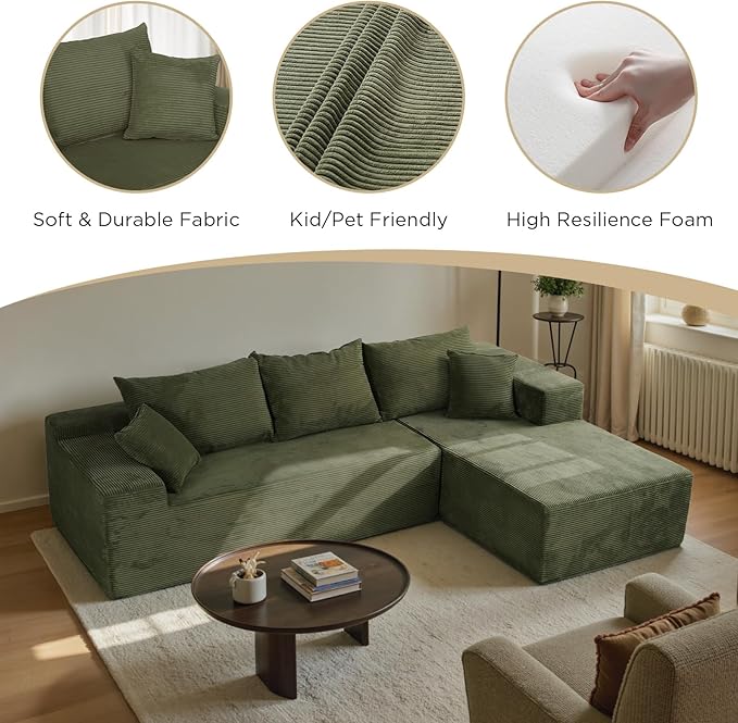 Green 103” Cloud Couch Sectional Sofa in Box with L-Shape ChaiseModern Modular Couches Upholstered with Deep Seat for Living RoomNo Assembly Required