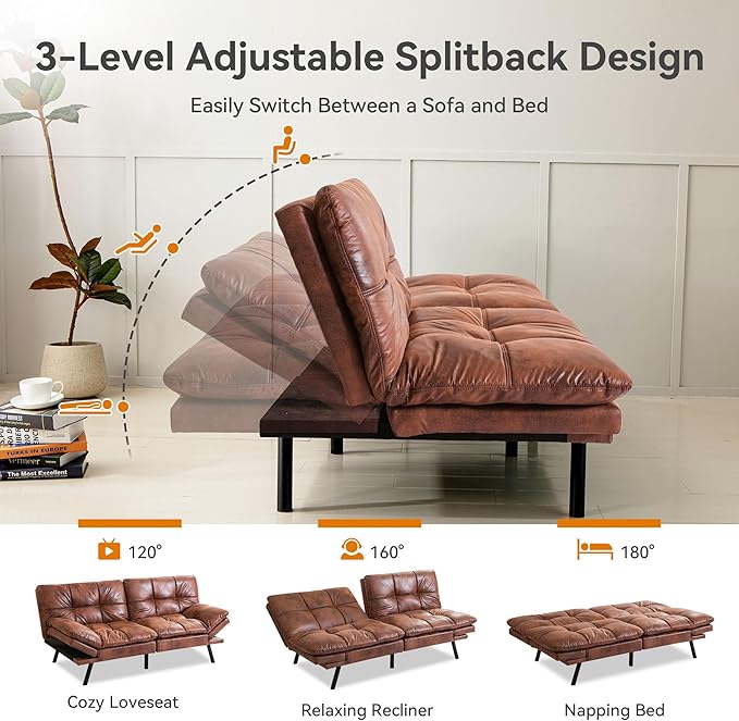 Convertible Futon Sofa Bed71 Modern Premium Faux Leather Futon Couch with Adjustable Backrest&ampArmrestSmall Loveseat Sleeper SofaDorm Futonsofa for ApartmentLiving RoomWhisky Brown