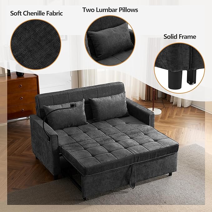 Zateety 3-in-1 Loveseat Sofa Bed Adjustable Backrest 56.9 Pull Out Sofa Bed Soft Chenille Sofa Couch with Large Pockets and Lumbar Pillows Sleeper Couch for Small Space