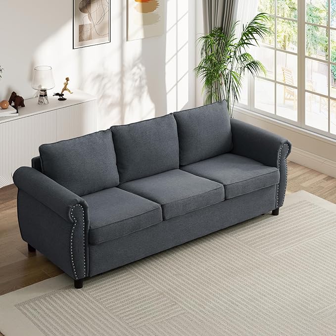 Pull Out Sofa Bed with Mattress Included Convertible Futon Oversized Chenille 3 Seater Loveseat Sleeper Sofa Couch Bed with Rivet Decoration &amp Rolled Arms for Guest Room Office Living Room Grey