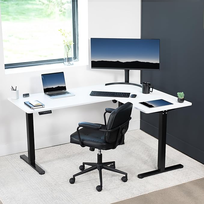 VIVO Corner Standing Desk 63 x 47 inch Reversible L-Shaped Workstation Electric Height Adjustment Home Office and Reception Rooms White Table Top Black Frame DESK-E3CTBW-47
