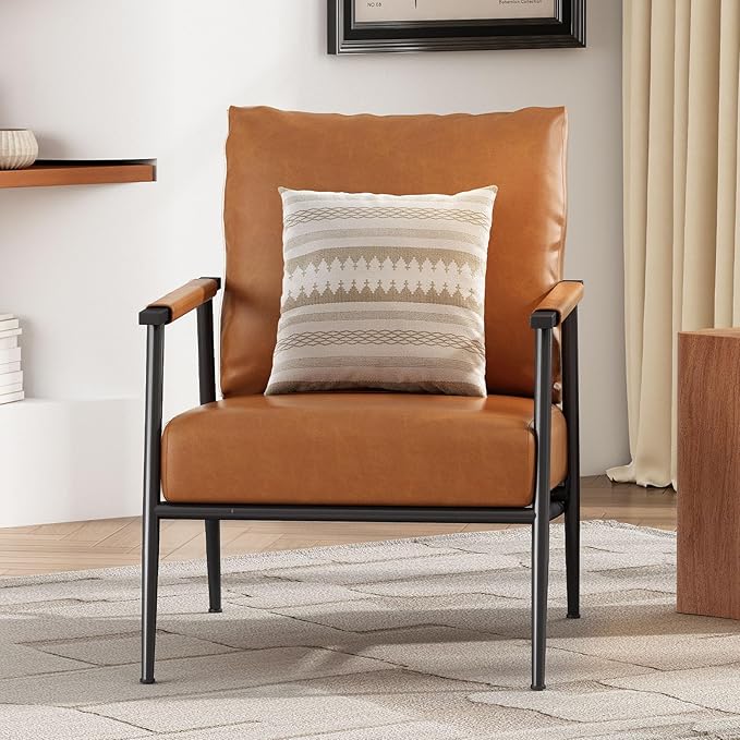 Mid Century Modern Accent Chair with Brown Faux Leather Upholstery Padded High Backrest Metal Frame and Wood Armrests Perfect for Living Room Bedroom Office Brown