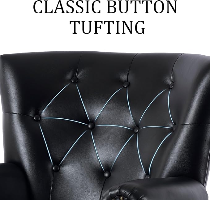 Modern Faux Leather Accent Chair Upholstered Mid-Century Armchair with Solid Wood Legs Single Sofa Chair for Living Room Bedroom or Reading Room（Black）