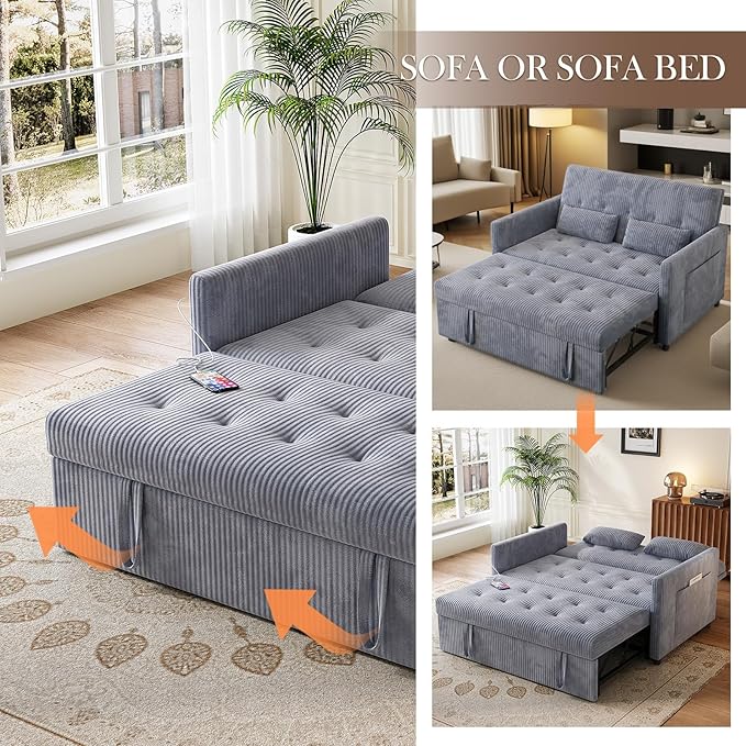 Sofa Bed Loveseat 3-in-1 Sleeper Sofa with Pull Out Bed Pockets and USB Modern 2 Seater Convertible Small Couch for Living Room Bedroom Apartment (Gray Corduroy)