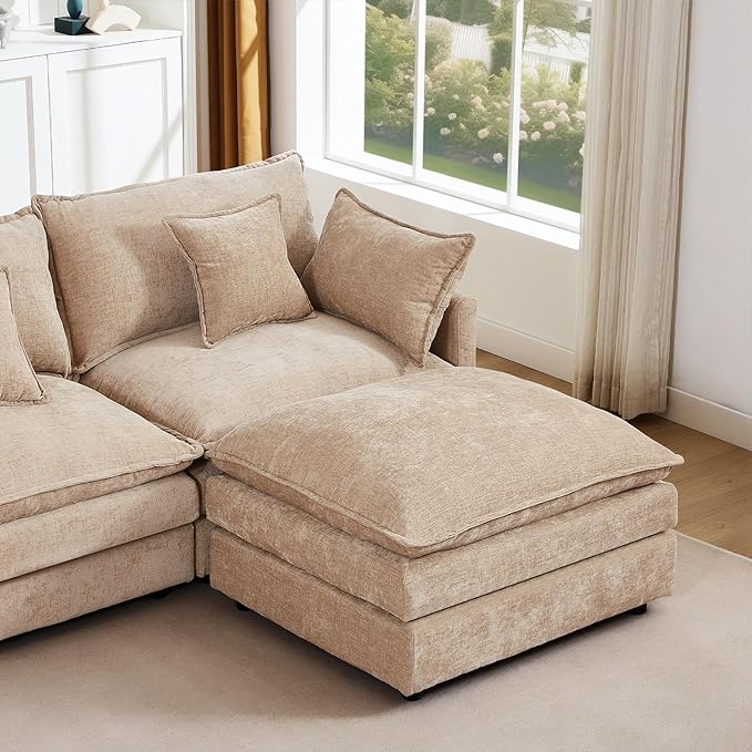 130 Modular Sectional Sofa with Movable Ottoman Convertible L Shaped Chenille Cloud Couch Oversize Comfy 4-Seater Deep Seat Sofa Couches for Living Room Apartment (Coffee 130)
