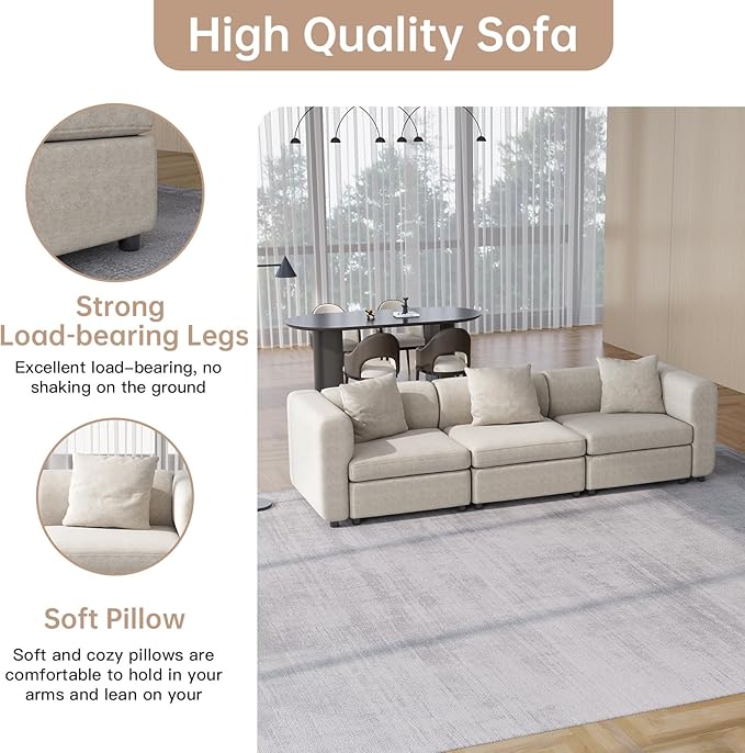 Modular Sectional 3 Seater Sofa Couch Modern Velvet with Removable and Washable Cushion Cover for Small Spaces Solid Wood Frame 108.66” Width Beige