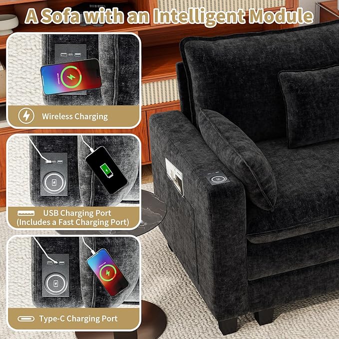 Accent Chair for Living Room with Smart Charging Module Oversized 45.25 Chenille Fabric Armchair Mid Century Modern Single Sofa Chair Comfy Reading Chair for Bedroom Apartment Waiting Room