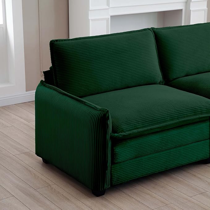 115.34 Modular Sectional Couch 3 Seat Extra Deep Corduroy Sofa with Ottoman Footrest 2 Arm Pillows &amp 3 Throw Pillows Modern Upholstered Comfy Couches for Living Room Bedroom Apartment Green