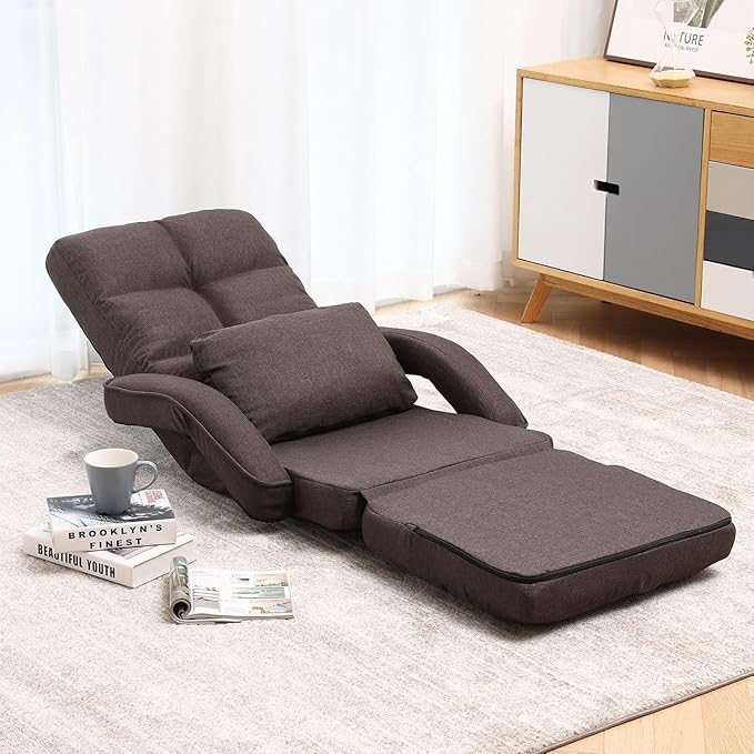 Indoor Floor Chair with Armrest and Pillow Folding Chaise Lounge Sofa 14-Position Adjustable Comfy Gaming Recliner Chair Padded Seats for Adults(Brown)