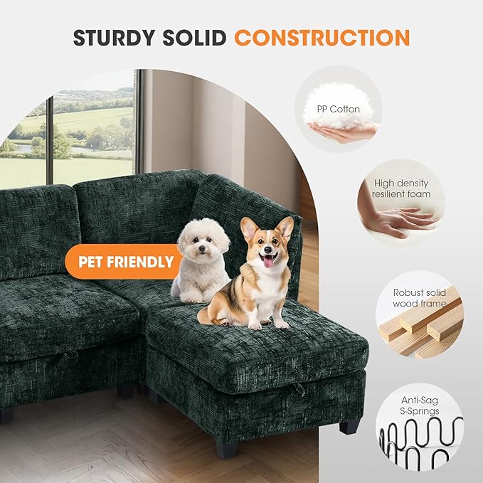 4 Seat Modular Sectional Sofa with Storage Convertible Sectional Couch Modular Sofa with Chaise Living Room Furniture Sets L Shaped Couch with Ottoman Couches for Living Room Green Textured