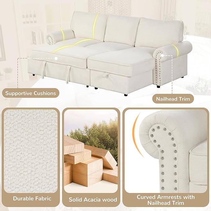 95 Convertible Sofa Bed Sectional Sofa Sleeper with Storage Chaise Pull-Down Backrest with 2 Cup Holders Arc Armrests with Nailhead Trim Polyester Fabric Acacia Wood Frame (Beige-12s)