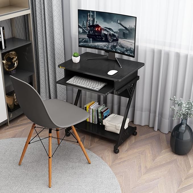 ALISENED 2 Tier Computer Desk with Keyboard Tray 23.6 Home Office Desk Computer Workstation Rolling Study PC Laptop Table for Small SpacesZ-Shaped Small Compact Study Table