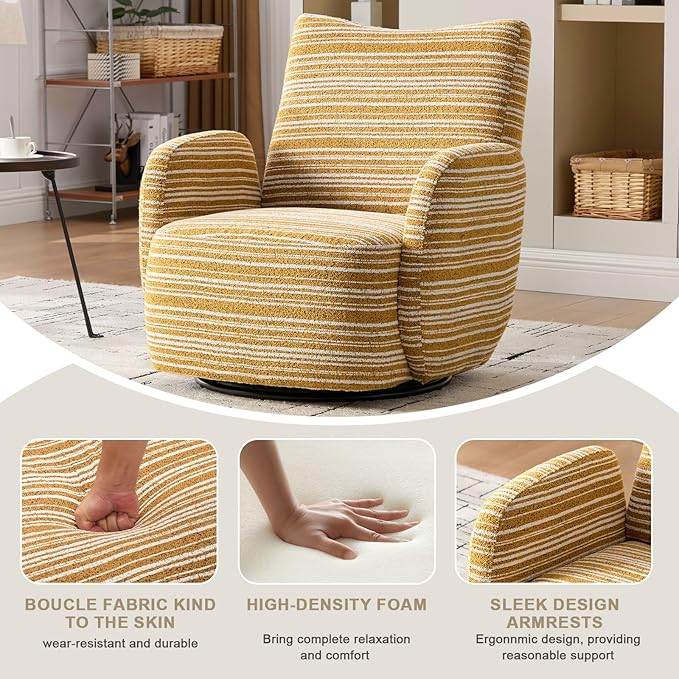 360° Swivel Accent Chair with Armrest Modern Striped Upholstered Lounge Chair Stable Round Base &amp Sturdy Metal Frame Armchair for Bedroom Living Room Office &amp Vanity (Mustard Yellow)
