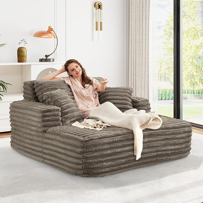 56 Oversized Chaise Lounge Chair IndoorPlush Faux Fur Sleeper Sofa Couch Bed with Pillows&ampWide ArmrestsFluffy Comfy Cloud CouchCompression Foam Couch for Living RoomBedroom(Brown)