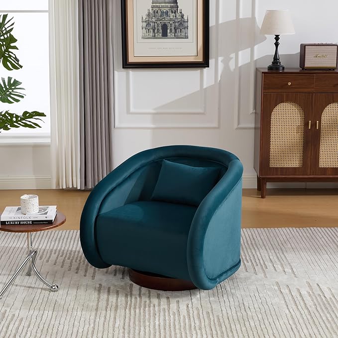 Swivel Accent Chair 360-Degree Rotating Barrel Chair with Soft Velvet Upholstery Comfy Pumpkin-Shaped Lounge Chair for Living Room Bedroom Office (Teal)