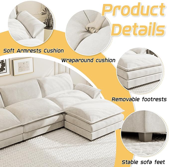 Shahoo Sectional Modular Sofa L Shaped Chenille Fabric Couch with High Supportive &amp Soft Sponges and Removable Ottoman Sleeper Comfy Upholstered Furniture for Living Room Bright Beige