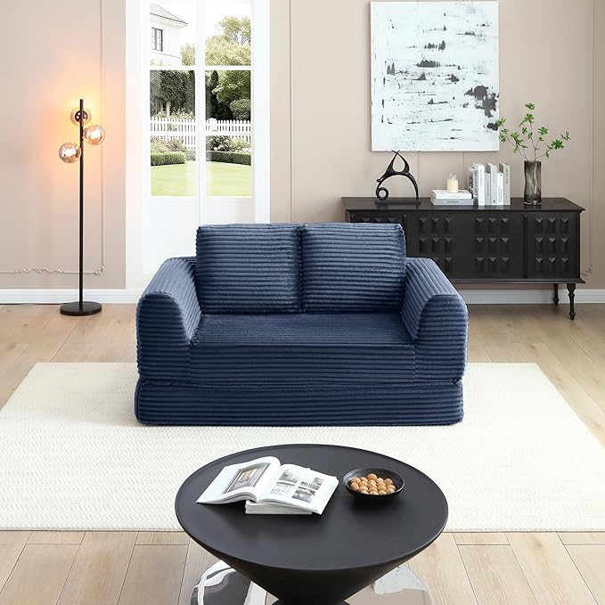 63 Corduroy Boneless Couch 2-Seater Compression Sofa with 2 Throw Pillows No Assembly Required Comfy Loveseat Sofa in a Box Modern Couches for Living Room (Blue 63 inch &amp Pull-Out Bed) | Bre