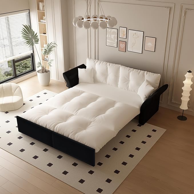 74.8 3-in-1 Folding Convertible Sleeper Tufted Couch with 2 Soft Pillows Velvet Pull Out Sofa Bed Multi-Functional Loveseat Bed Beige