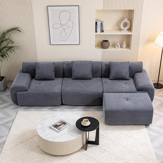 L-Shaped Boneless Modular Sectional Sofa Boneless Sectional Couch Oversized 3-Seater Cloud Couch with Deep Seat and Movable Ottoman for Living Room Apartment (Gray 3 Seater with 1 Ottoman)
