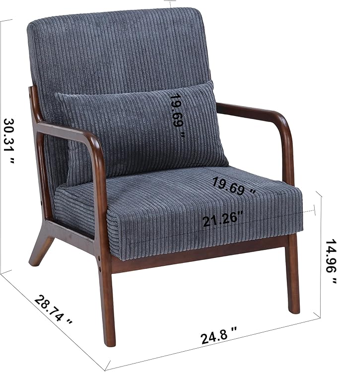 Mid-Century Modern Accent Chair with Throw Pillow Upholstered Fabric Armchair Solid Wood Frame Reading Chair for Living RoomBedroomReadingBalcony (Dark Grey &amp Walnut)
