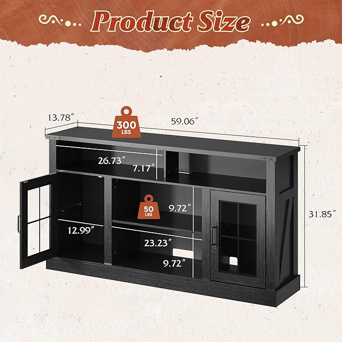 WLIVE Farmhouse TV Stand for 65 Inch TV Tall Entertainment Center with LED Lights &amp Storage Cabinets TV Media Console Table with Adjustable Shelf for Living Room Bedroom Home Theater Black