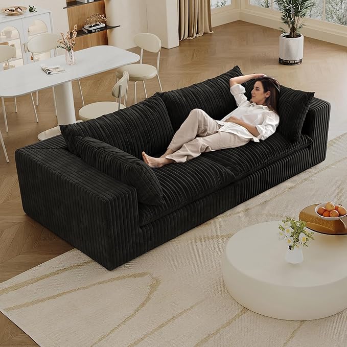 78.8 Modular Cloud Loveseat Couch Corduroy Boneless Couch with Foam &amp Removable Cushion Modern Lounge Sofa in a Box No Assembly Required Upholstered Sofa for Living Room (Black)