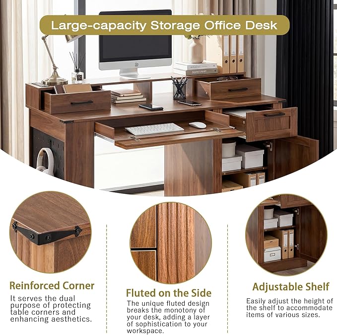 RiteSune 59.5 Farmhouse Computer Desk with USB Charging Station Fixed Monitor Stand with Drawers Keyboard Tray &amp File Cabinet Home Office Writing Desk with Large Storage