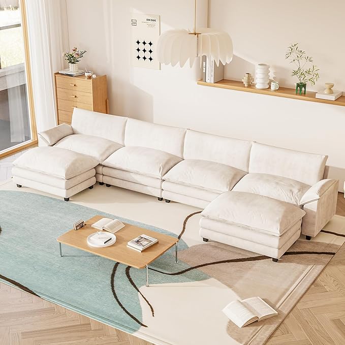 Furniwell 159 Modern Couches Sectional Sofa with Movable Ottoman U Shaped Sofa Couch with Comfy Chenille and Deep Seat 4-Seat Cloud Couch for Living Room Bedroom and Apartment
