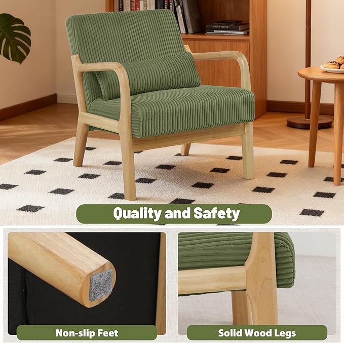 Accent Chair Set of 2 Mid-Century Modern Armchair with Waist Cushion Fabric Lounge Reading Chair with Wood Frame Comfy Sitting Seat for Living Room Bedroom Balcony up to 450lbs Green