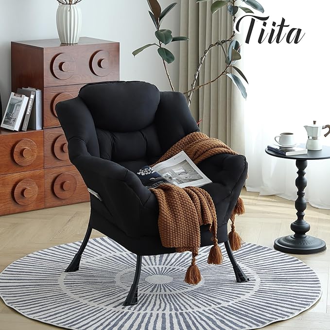 Tiita Lazy Chair Black Modern Large Accent Armchair Comfy Leisure Sofa Reading Chair for Bedroom Living Room Dorm Rooms Garden and Courtyard Black