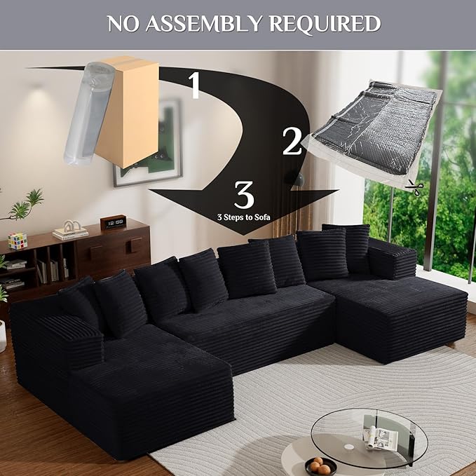 Modular Sectional Sofa 130 U Shaped Cloud Couch Plush Corduroy Comfy Deep Seat Boneless Sofas with 8 Pillows Double Chaise Lounge Sectional Couches with Memory Foam for Living Room - Black