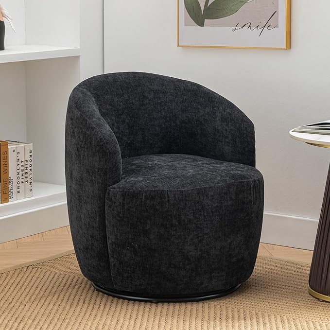 360 Degree Swivel Accent Chair Modern Barrel Vanity Chair with Back Comfy Single Circle Couch for Living Room Bedroom Reading Nook (Chenille Black)