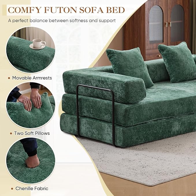 Antetek Modular Futon Sofa Bed Convertible Folding Chenille Comfy Memory Foam Floor 3 Seater Loveseat Sleeper Sofa Couch Bed Chaise Lounge with 2 Pillows for Guest Room Living Room Office Green