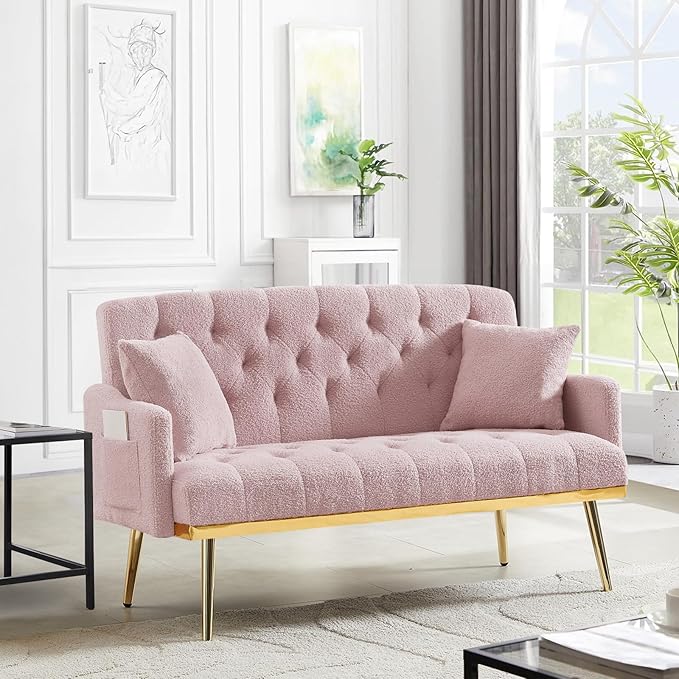 Upholstered Loveseat Sofa Modern Small Couch with Side Pocket and Golden Metal Legs Tufted Leisure Sofa for Living Room Bedroom Office Pink Teddy