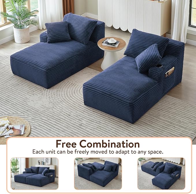 Oversized Double Chaise Lounge Chair Indoor Fluffy Upholstered Corduroy Sofa Bed with Throw Pillows Comfy Sleeper Deep Seat Sectional Loveseat Sofa Couch for Living Room (Blue)