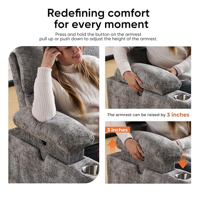Swivel Rocker Recliner with Adjustable Armrests Rocking Nursery Chair with Adjustable Headrest Cup Holder Manual Recliner Nursing Chair for Breastfeeding Chenille Dark Grey