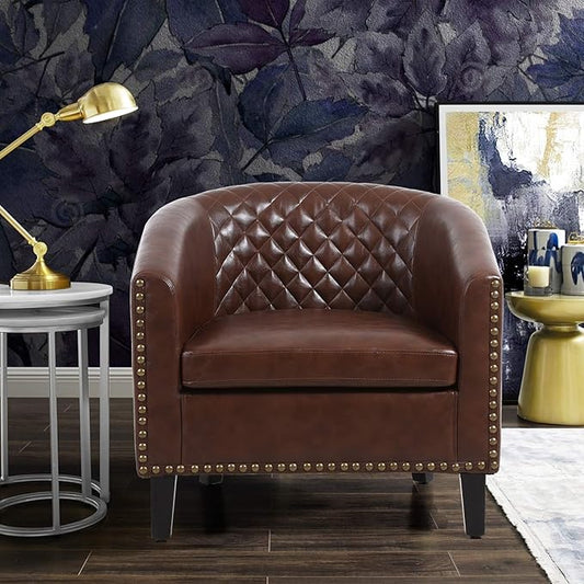 Artificial leather sofa chair barrel-shaped armchair side chair nail head decoration and diamond net backrest suitable for living room bedroom waiting room office and reading chair. (Brown)