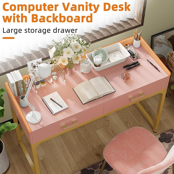 WESTREE Computer Gaming Desk Office - Study Writing Desk with Drawer for Teen Bedroom Makeup Desk Home Office with Storage Shelf Height Monitor Stand Pink